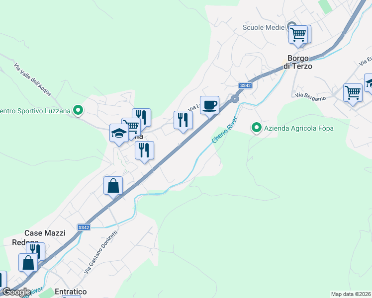 map of restaurants, bars, coffee shops, grocery stores, and more near 3 Via Nazionale in Luzzana