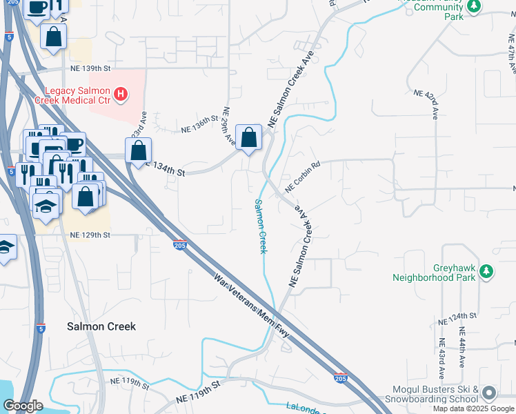 map of restaurants, bars, coffee shops, grocery stores, and more near 13304 Northeast Salmon Creek Avenue in Vancouver