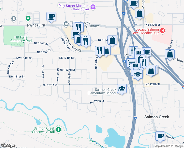 map of restaurants, bars, coffee shops, grocery stores, and more near 13005 Northeast 11th Avenue in Vancouver