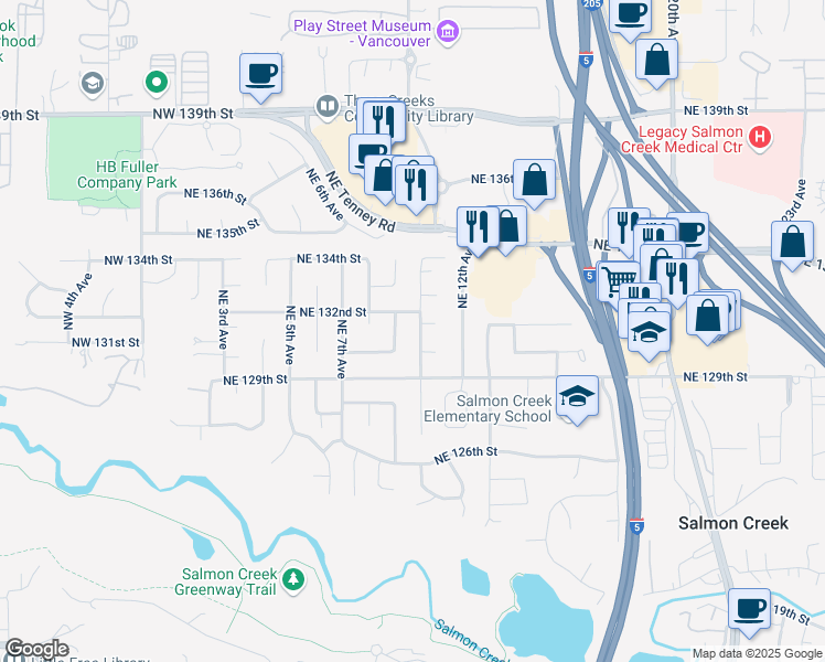 map of restaurants, bars, coffee shops, grocery stores, and more near 13005 Northeast 11th Avenue in Vancouver