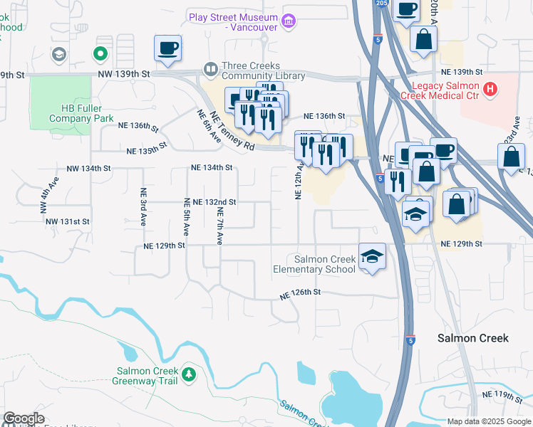 map of restaurants, bars, coffee shops, grocery stores, and more near 13005 Northeast 11th Avenue in Vancouver