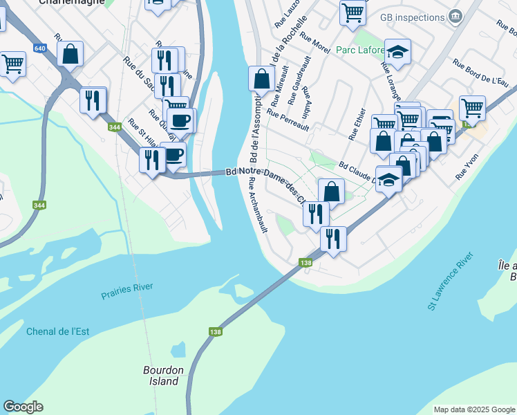 map of restaurants, bars, coffee shops, grocery stores, and more near 27 Rue Archambault in Repentigny