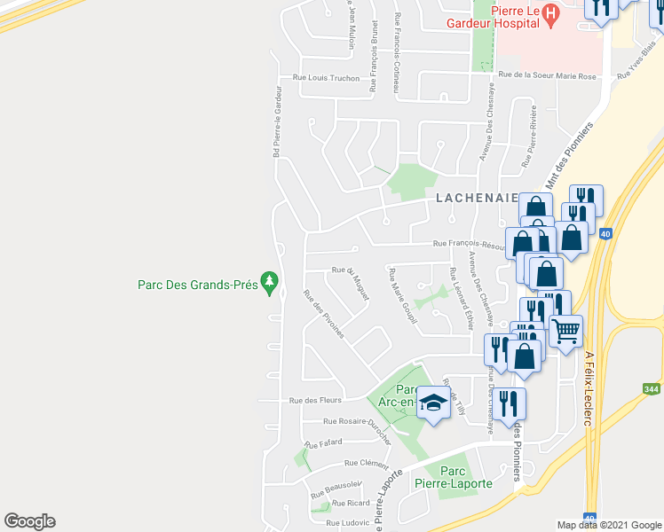 map of restaurants, bars, coffee shops, grocery stores, and more near 4550 Rue du Muguet in Terrebonne