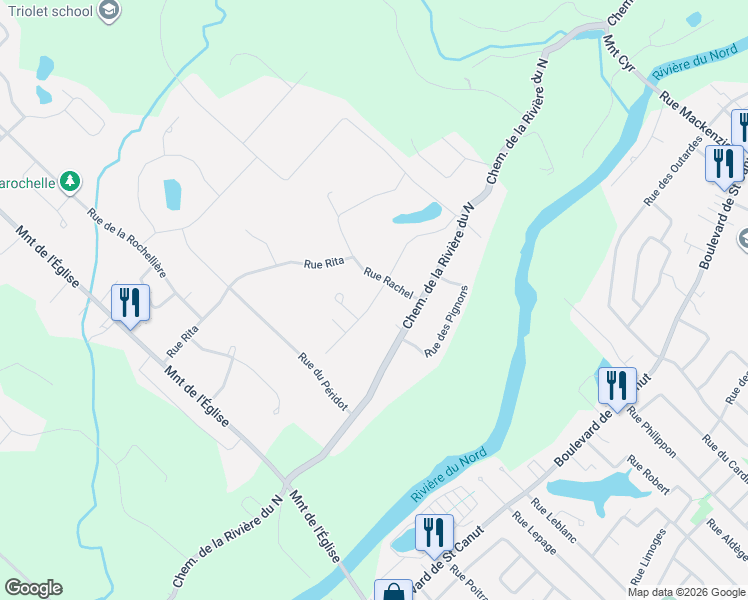 map of restaurants, bars, coffee shops, grocery stores, and more near Rue Raoul in Saint-Colomban