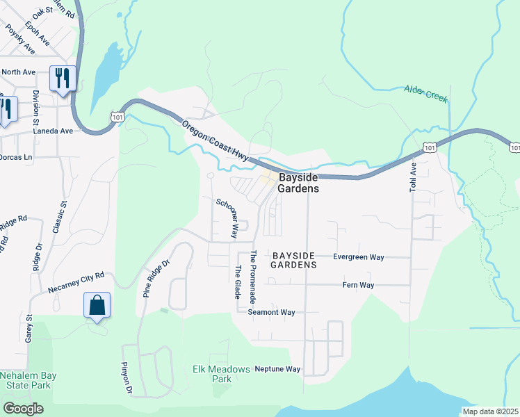 map of restaurants, bars, coffee shops, grocery stores, and more near 36445 Necarney City Road in Nehalem
