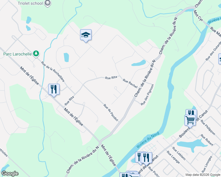 map of restaurants, bars, coffee shops, grocery stores, and more near Rue Raoul in Saint-Colomban