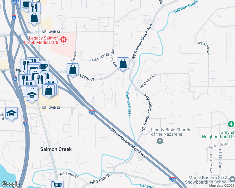 map of restaurants, bars, coffee shops, grocery stores, and more near 13216 Northeast Salmon Creek Avenue in Vancouver