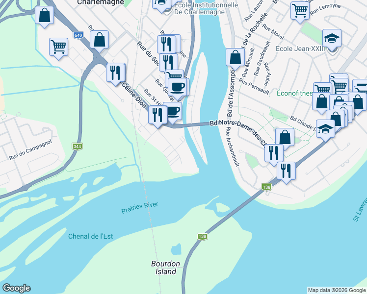 map of restaurants, bars, coffee shops, grocery stores, and more near 25 Rue Plourde in Charlemagne
