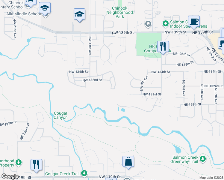 map of restaurants, bars, coffee shops, grocery stores, and more near 13102 Northwest 8th Way in Vancouver