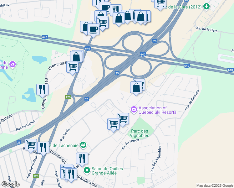 map of restaurants, bars, coffee shops, grocery stores, and more near 1085 Rue des Cheminots in Terrebonne