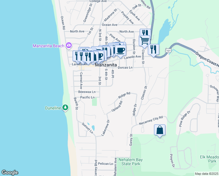 map of restaurants, bars, coffee shops, grocery stores, and more near 473 Treasure Cove Ln in Manzanita
