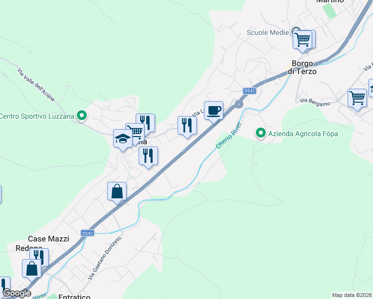 map of restaurants, bars, coffee shops, grocery stores, and more near 3 Via Nazionale in Luzzana