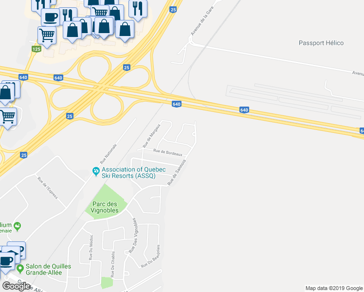 map of restaurants, bars, coffee shops, grocery stores, and more near 39 Rue de Fronsac in Terrebonne