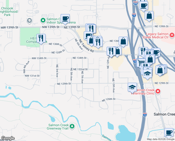 map of restaurants, bars, coffee shops, grocery stores, and more near 13104 Northeast 8th Court in Vancouver