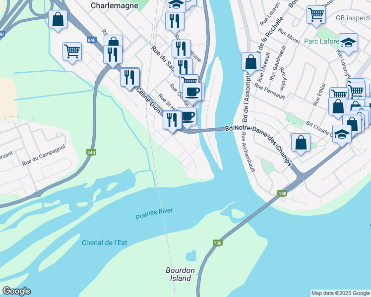 map of restaurants, bars, coffee shops, grocery stores, and more near 15 Rue Plourde in Charlemagne