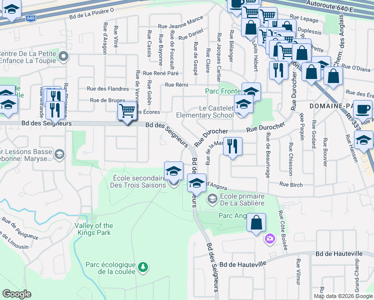 map of restaurants, bars, coffee shops, grocery stores, and more near 3980 Rue Durocher in Terrebonne