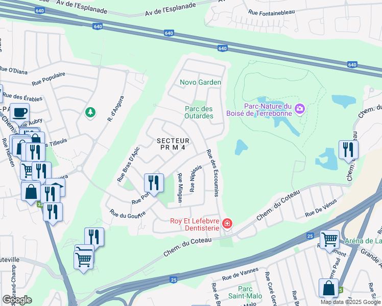 map of restaurants, bars, coffee shops, grocery stores, and more near 899 Rue de la Portneuf in Terrebonne