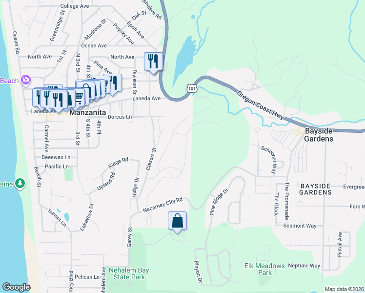 map of restaurants, bars, coffee shops, grocery stores, and more near Meadows Drive in Manzanita