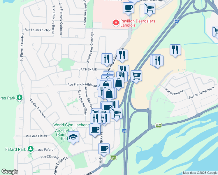 map of restaurants, bars, coffee shops, grocery stores, and more near 590 Montée des Pionniers in Terrebonne