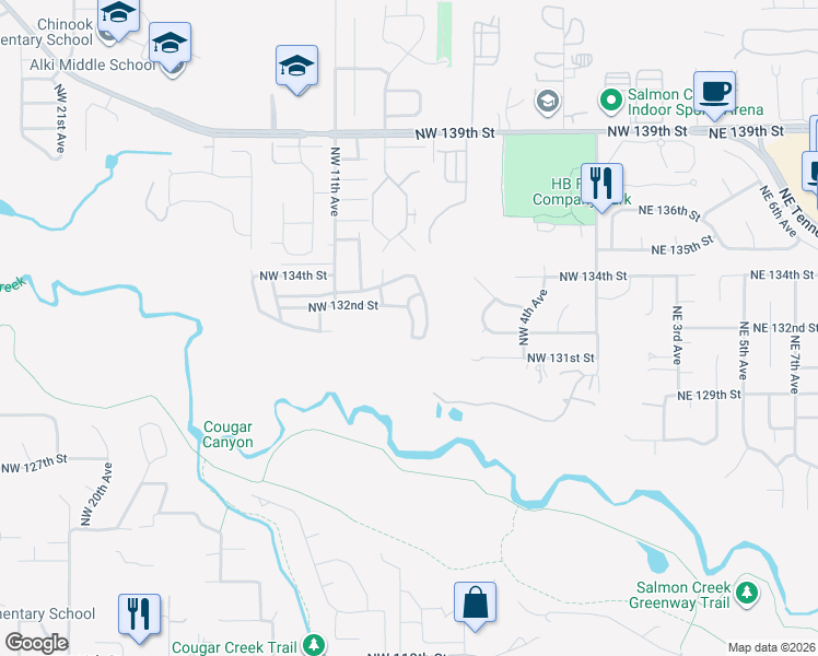 map of restaurants, bars, coffee shops, grocery stores, and more near 13132 Northwest 8th Avenue in Vancouver