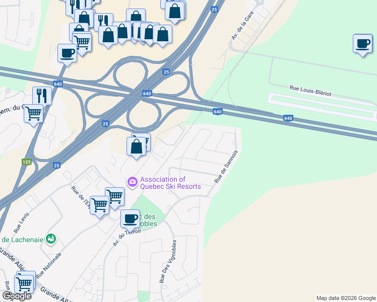 map of restaurants, bars, coffee shops, grocery stores, and more near 35 Rue de Margaux in Terrebonne