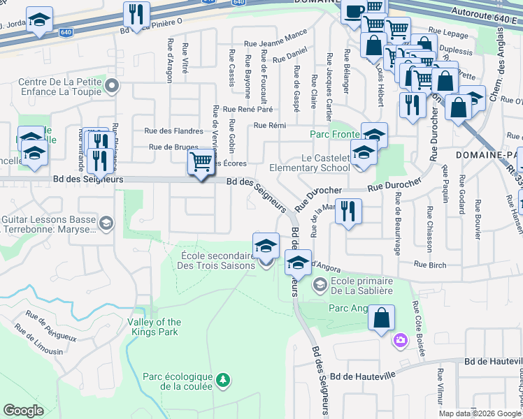 map of restaurants, bars, coffee shops, grocery stores, and more near 1655 Place de Gryon in Terrebonne