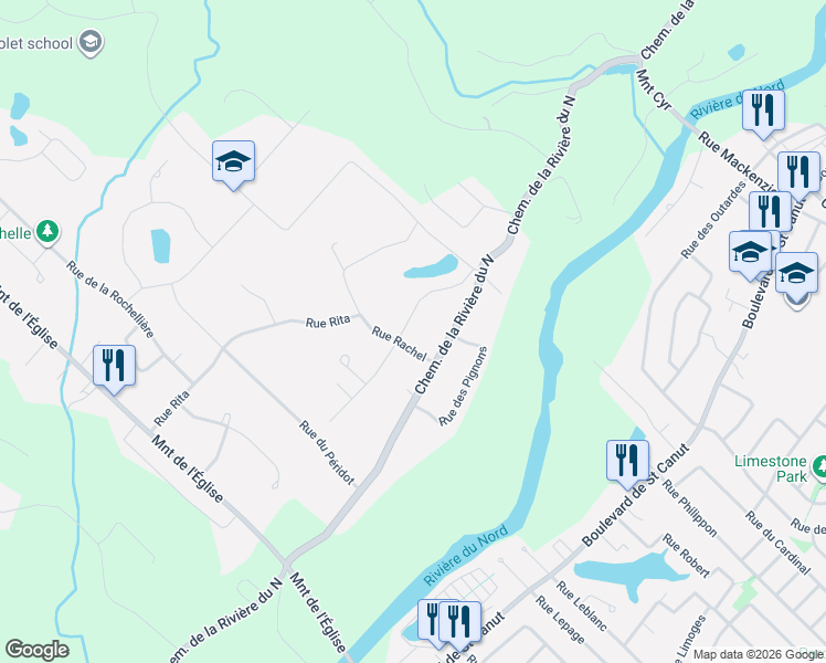 map of restaurants, bars, coffee shops, grocery stores, and more near 381 Rue Raoul in Saint-Colomban