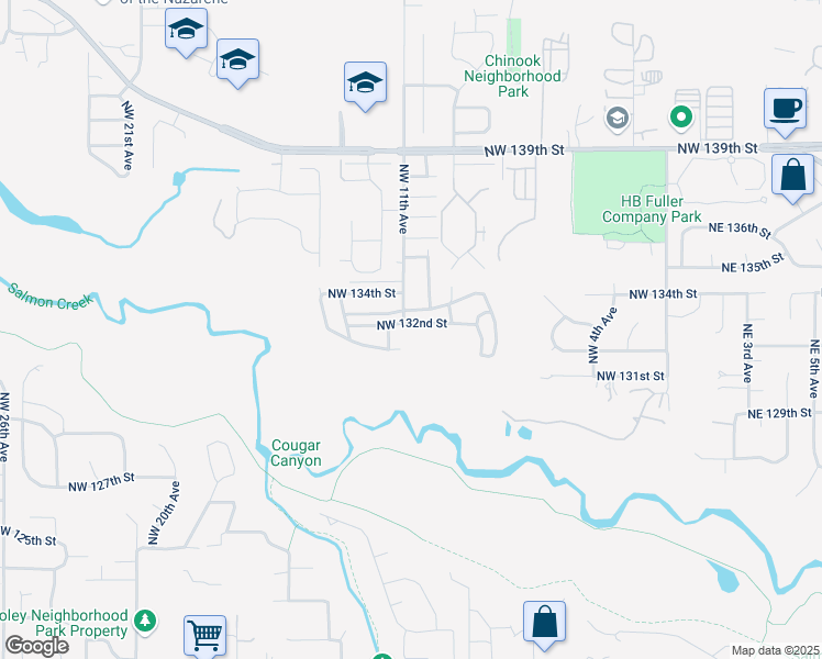 map of restaurants, bars, coffee shops, grocery stores, and more near 1103 NW 132nd St in Vancouver