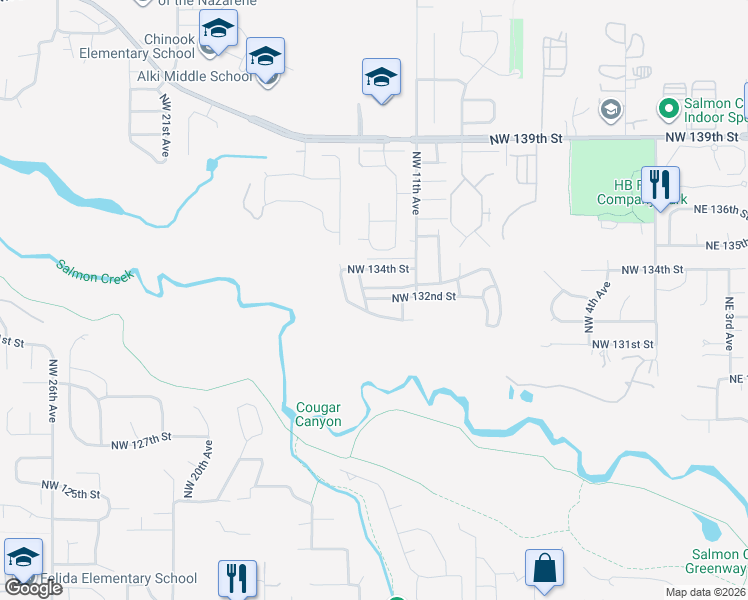 map of restaurants, bars, coffee shops, grocery stores, and more near 1205 Northwest 133rd Street in Vancouver