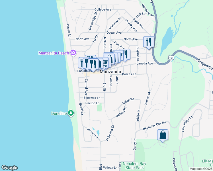 map of restaurants, bars, coffee shops, grocery stores, and more near 394 3rd Street in Tillamook