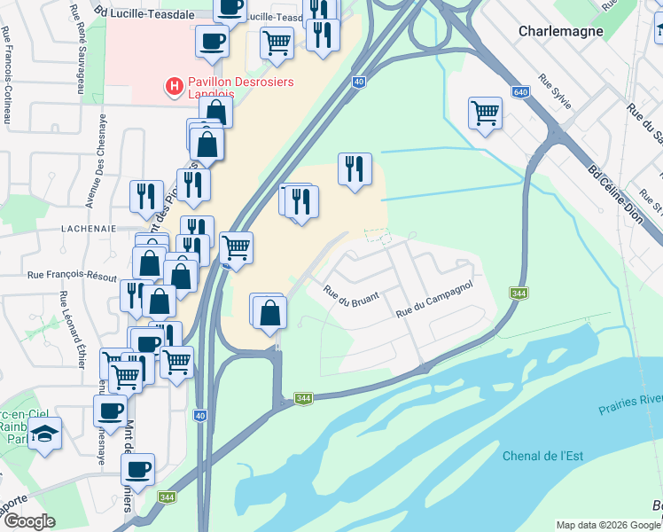 map of restaurants, bars, coffee shops, grocery stores, and more near 89 Rue de l'Érable-Noir in Terrebonne