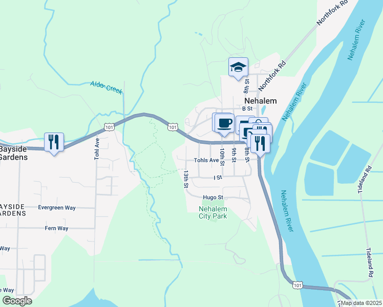 map of restaurants, bars, coffee shops, grocery stores, and more near 35850 12th Street in Nehalem