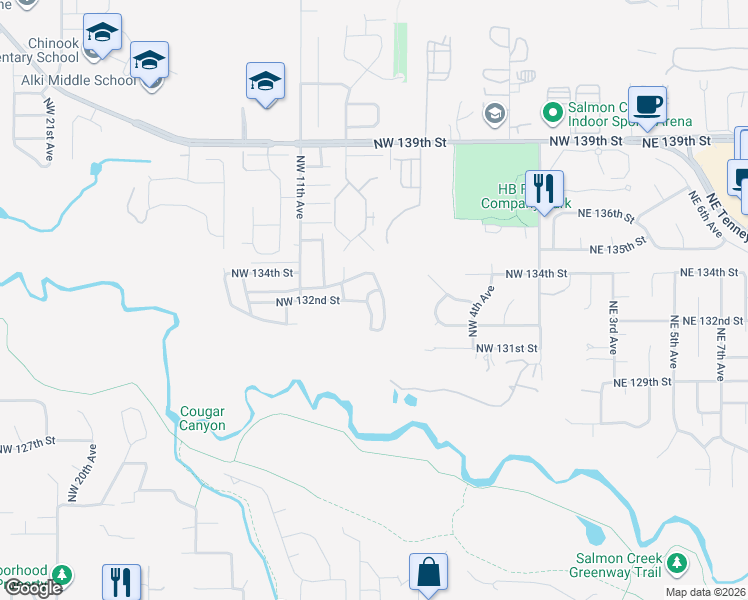 map of restaurants, bars, coffee shops, grocery stores, and more near 13100 Northwest 8th Avenue in Vancouver
