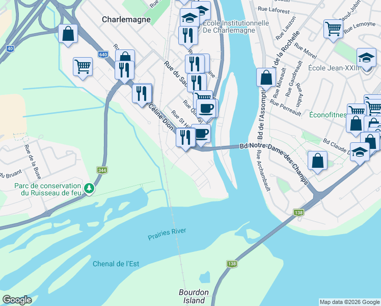 map of restaurants, bars, coffee shops, grocery stores, and more near 20 Rue Notre Dame in Charlemagne