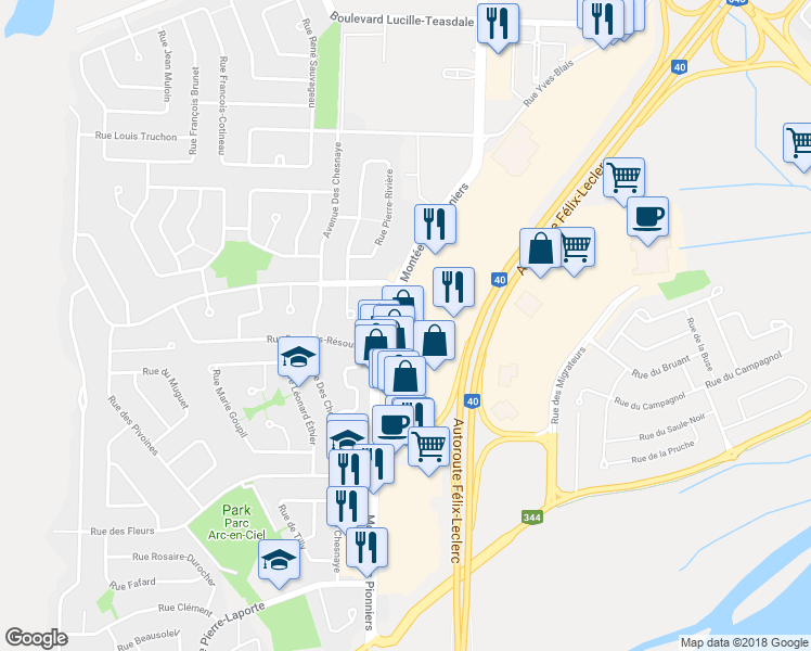 map of restaurants, bars, coffee shops, grocery stores, and more near 590 Montée des Pionniers in Terrebonne