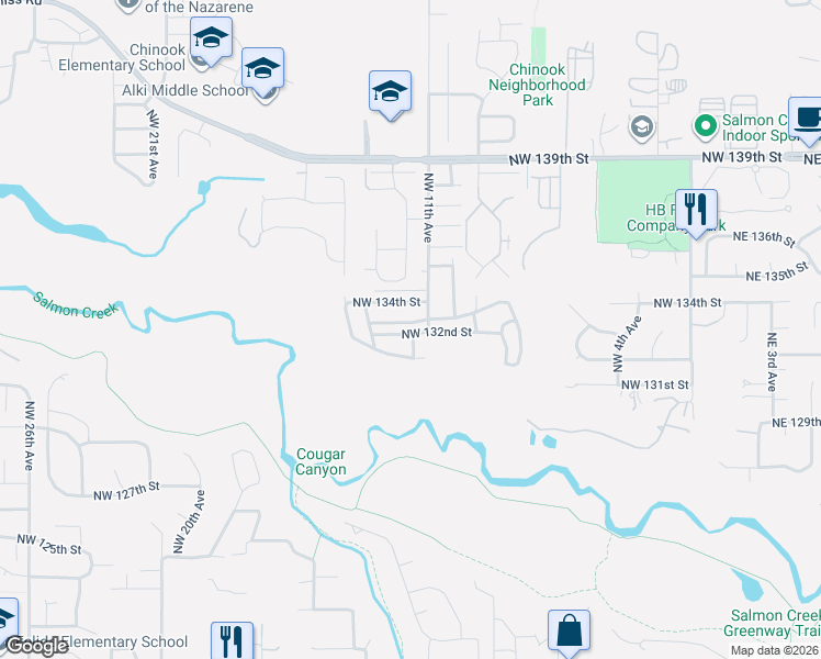 map of restaurants, bars, coffee shops, grocery stores, and more near 1205 Northwest 133rd Street in Vancouver