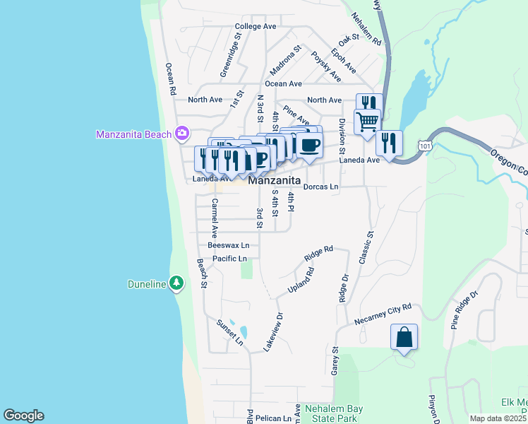 map of restaurants, bars, coffee shops, grocery stores, and more near 394 3rd Street in Tillamook