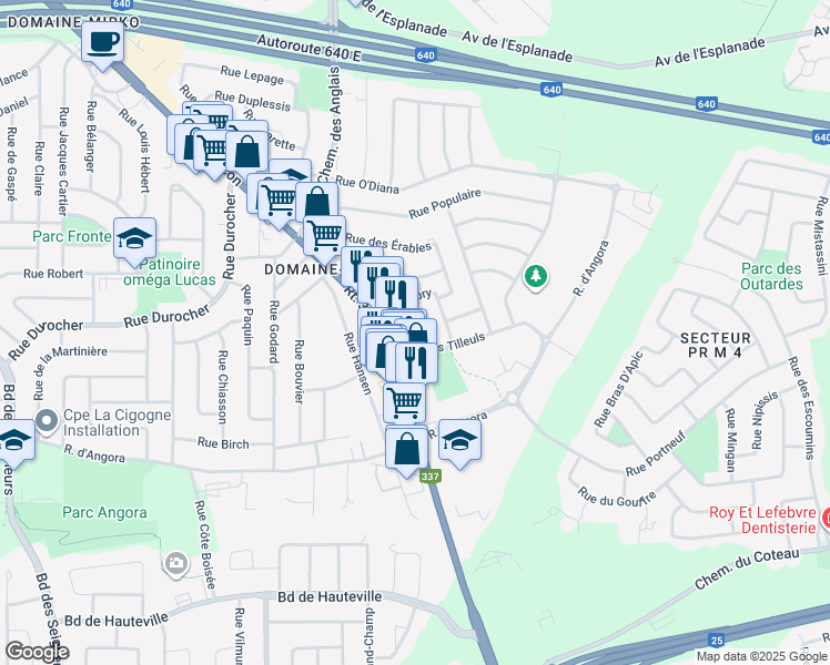 map of restaurants, bars, coffee shops, grocery stores, and more near 51 Croissant des Mélèzes in Terrebonne