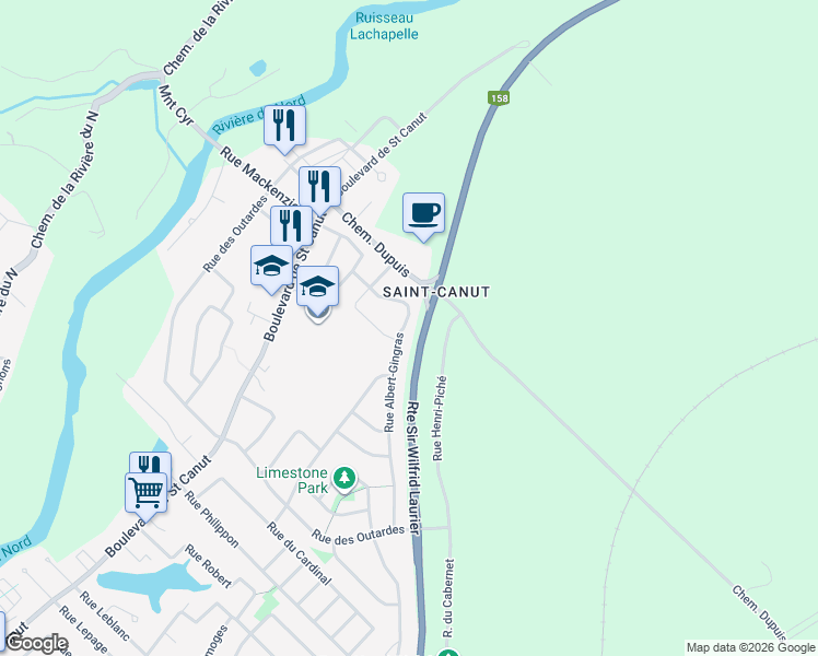 map of restaurants, bars, coffee shops, grocery stores, and more near 10264 Rue Albert-Gingras in Mirabel