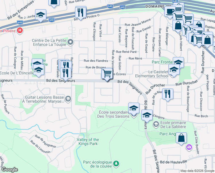 map of restaurants, bars, coffee shops, grocery stores, and more near 3755 Rue de Courcelles in Terrebonne
