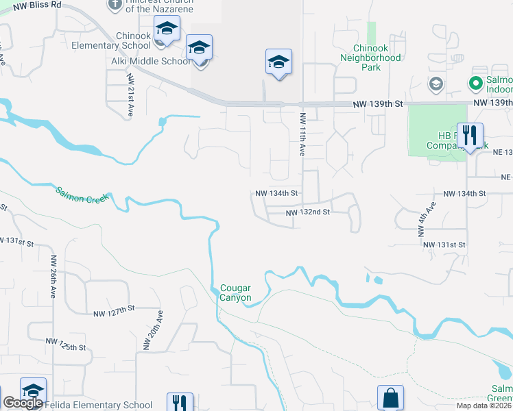 map of restaurants, bars, coffee shops, grocery stores, and more near 13205 Northwest 14th Avenue in Vancouver