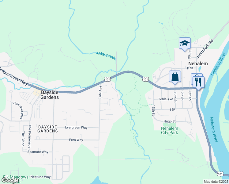 map of restaurants, bars, coffee shops, grocery stores, and more near 35980 Underhill Lane in Nehalem