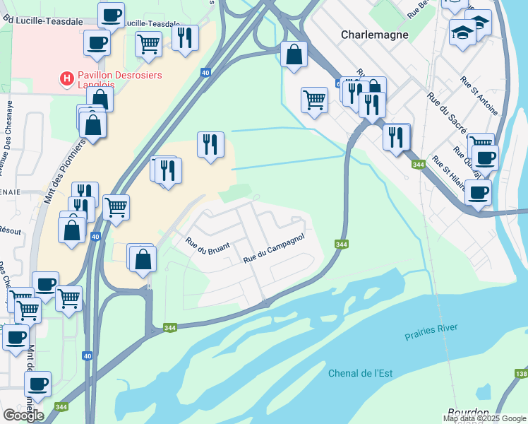 map of restaurants, bars, coffee shops, grocery stores, and more near 480 Rue du Campagnol in Terrebonne
