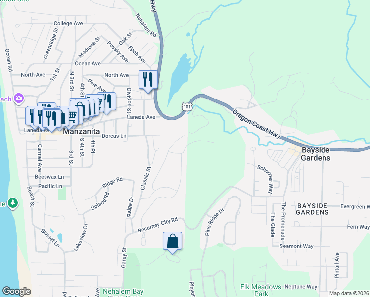 map of restaurants, bars, coffee shops, grocery stores, and more near in Manzanita