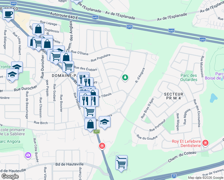 map of restaurants, bars, coffee shops, grocery stores, and more near 1201 Rue de la Caniapiscau in Terrebonne