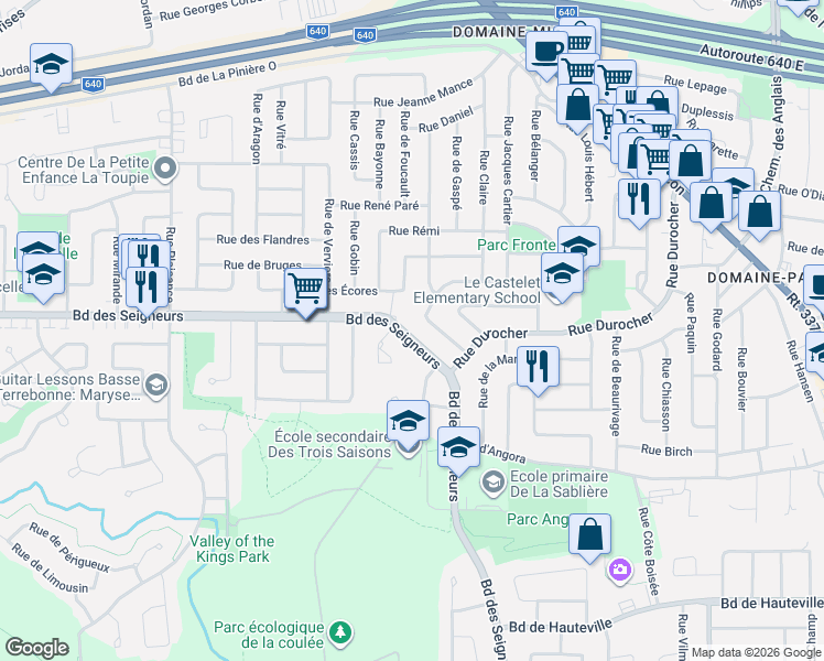 map of restaurants, bars, coffee shops, grocery stores, and more near 1755 Boulevard des Seigneurs in Terrebonne