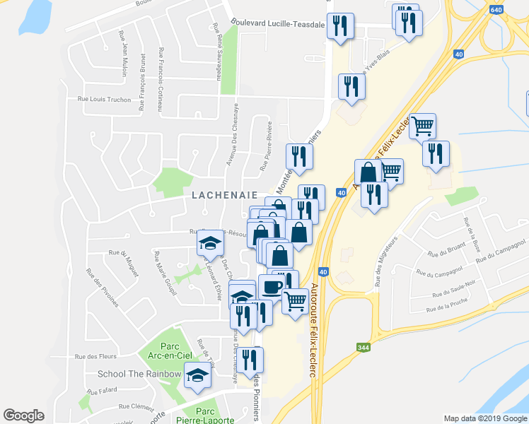 map of restaurants, bars, coffee shops, grocery stores, and more near 579 Montée des Pionniers in Terrebonne