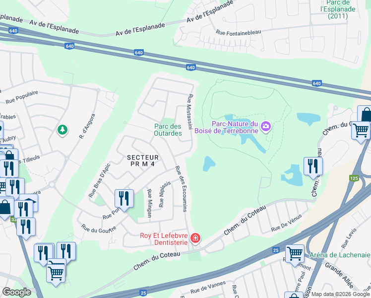 map of restaurants, bars, coffee shops, grocery stores, and more near 745 Rue de la Mistassini in Terrebonne