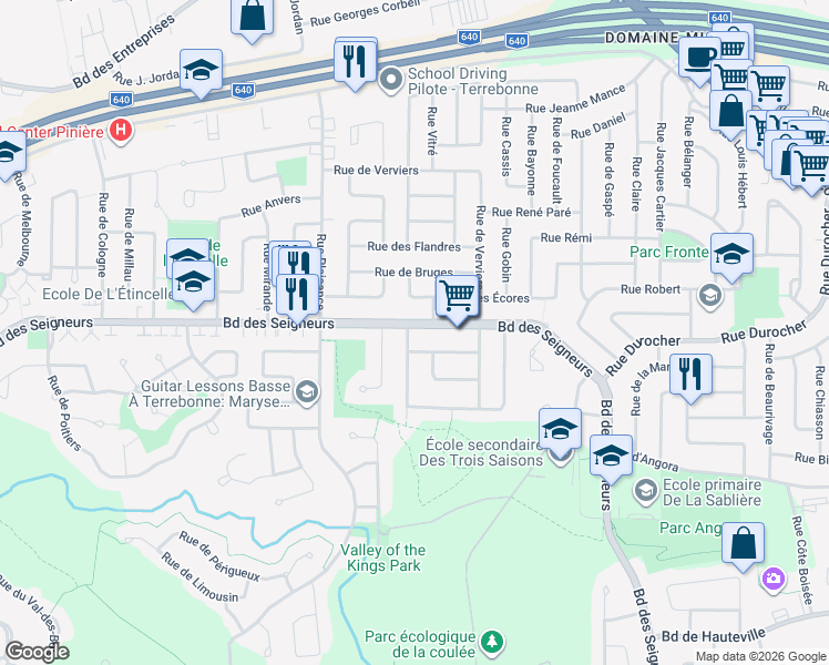 map of restaurants, bars, coffee shops, grocery stores, and more near 1930 Boulevard des Seigneurs in Terrebonne