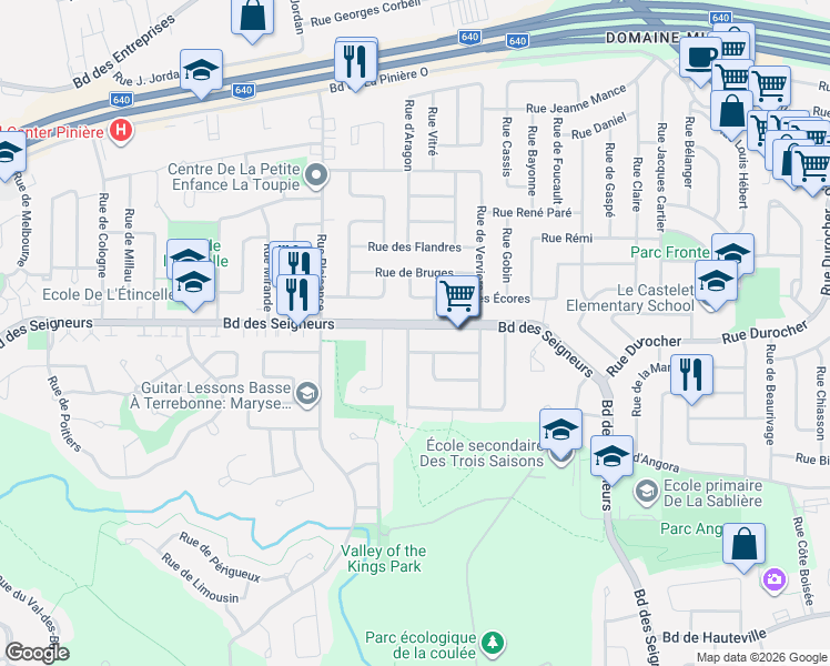 map of restaurants, bars, coffee shops, grocery stores, and more near 1930 Boulevard des Seigneurs in Terrebonne